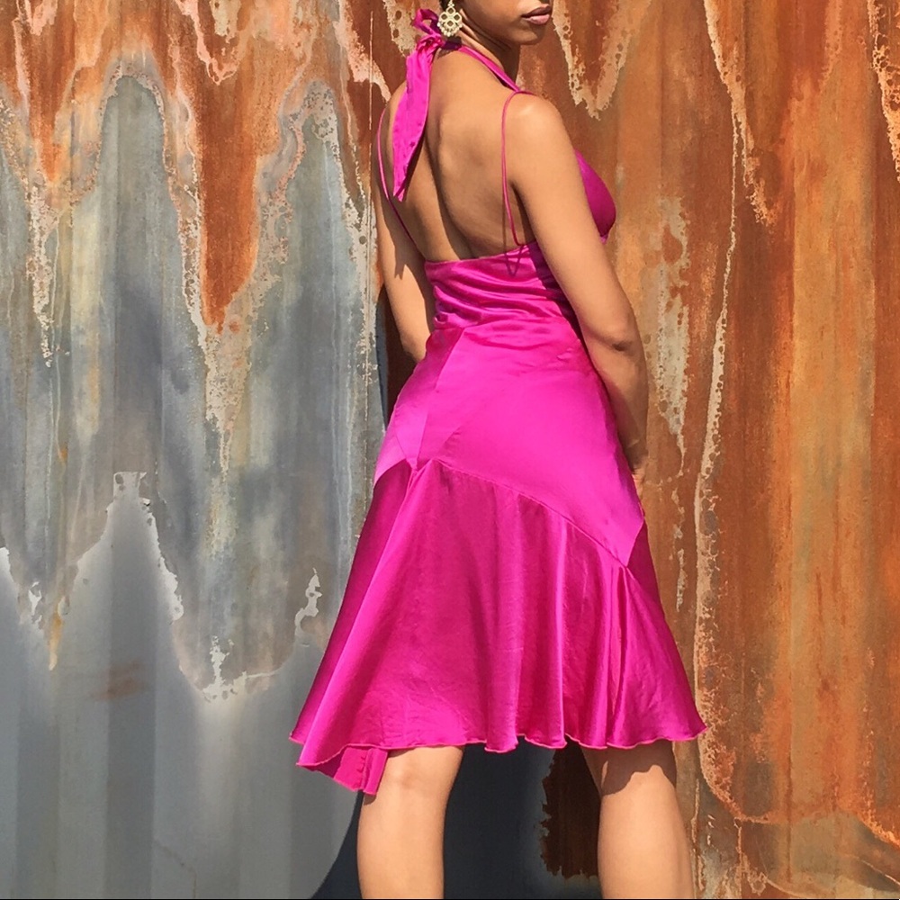 100% silk Dina Bar-el fuchsia halter dress.